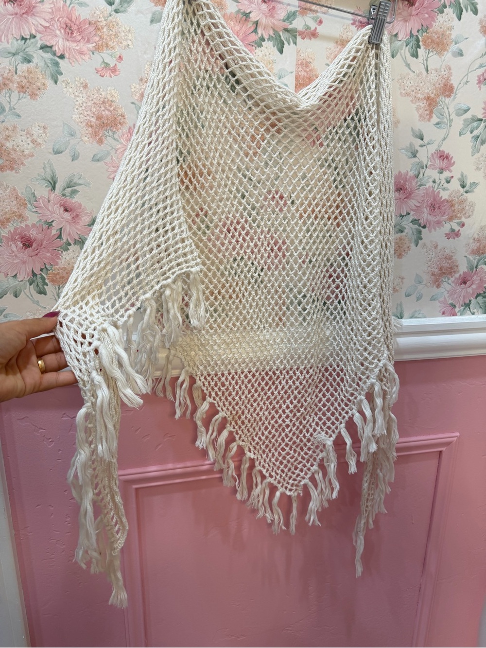 Cream Crochet Shawl with Fringe - Neutral Boho Accent